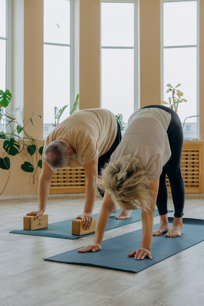 team-01 Senior couple engaging in a yoga session indoors with yoga bricks and mats, enhancing flexibility and wellness.